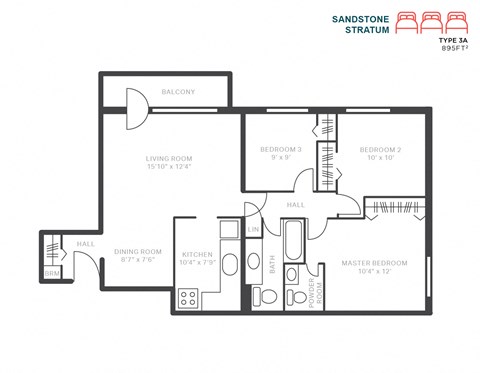 Floor plan for 3 beds, 2 baths, 895 sqft